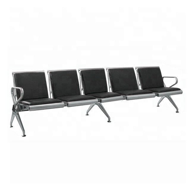 Airport Bench - Indoor Waiting Room Seat - Stainless Steel - Upholstered - Five Seater - Flat Pack - 302 x 67 x 82 cm - PF05A-black
