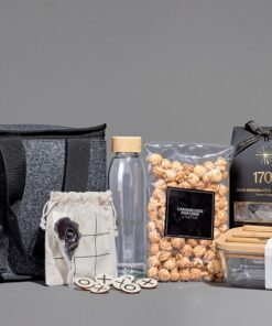 Deluxe Delicacies Hamper – Bamboo Lunch Box, Cutlery Set & Water Bottle, XOXO Set, Popcorn & Nougat Box in rPet 12 Can Cooler