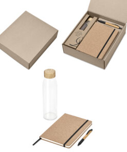 Eco Friendly Gift Set – A glass bottle, cork notebook & bamboo ball pen