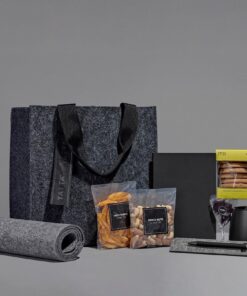 Eco Office Gift Hamper – RPET Desk Mat, A5 Notebook, Pen, Mug, Dried Mango & Other Snacks in Eco Friendly Tote Bag