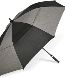 Elegant Windproof Crandon Umbrella – Alternating black and grey panels. Includes a black umbrella pouch with a carry strap.