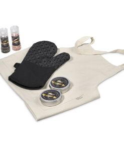 Gourmet Kitchen Gift Set – Cotton Apron & Over Glove. Salt & Pepper & Braai Spices