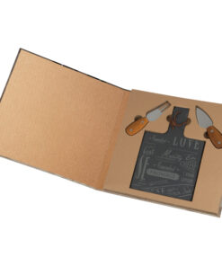 Cheese set with slate plate, cheese knife and fork, packed in eco friendly packaging
