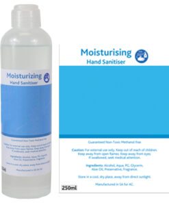 250ml Moisturising Sanitiser with full colour sticker – Min 100 Units