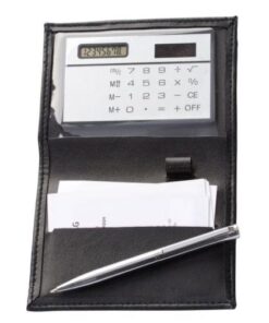 Business card folder with an integrated solar powered calculator