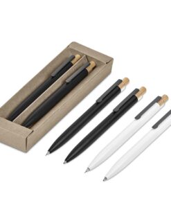 Recycled Aluminium & Bamboo Mimotu Ball Pen & Pencil Set In Eco Friendly Kraft Presentation box