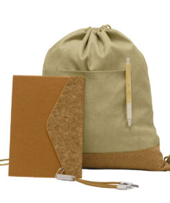 Recycled Gift Set with Cork Charging Cable, A5 Notebook & Pen In Eco Drawstring Bag